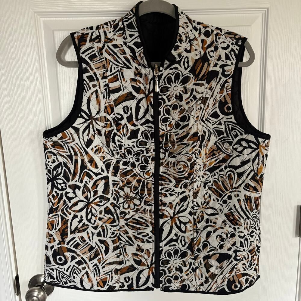Reversible Quilted Printed Full Zip Vest Black Brown White